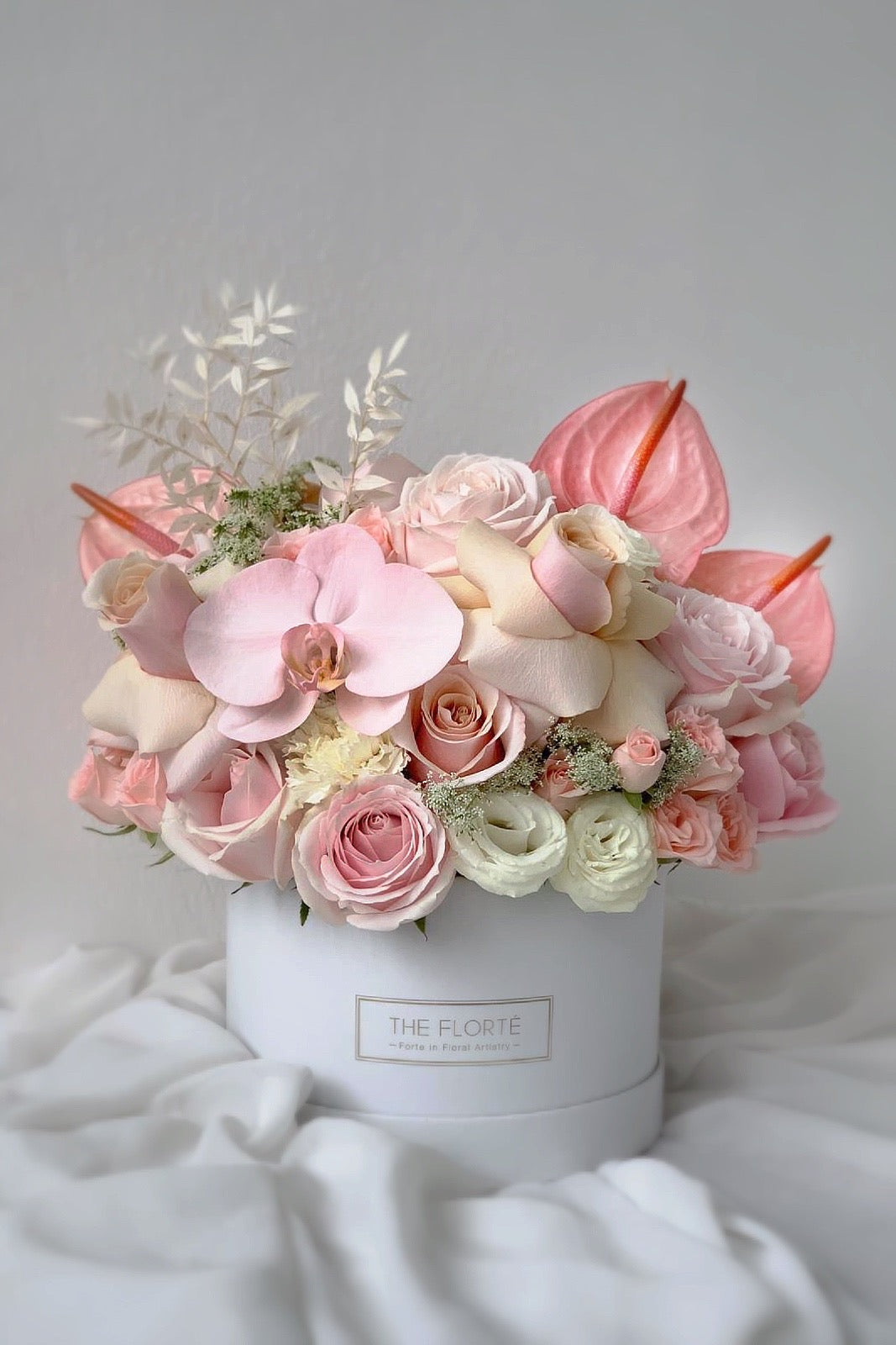 The Florté Florte | Blush Meadow, Bloom Box, Anthuriums, Phalaenopsis Orchids, Wabara, Mother of Pearl, Peeled back Roses, Blush Peach Pink Premium, Best Flowers Singapore, Best Florist Singapore, Best Online Florist