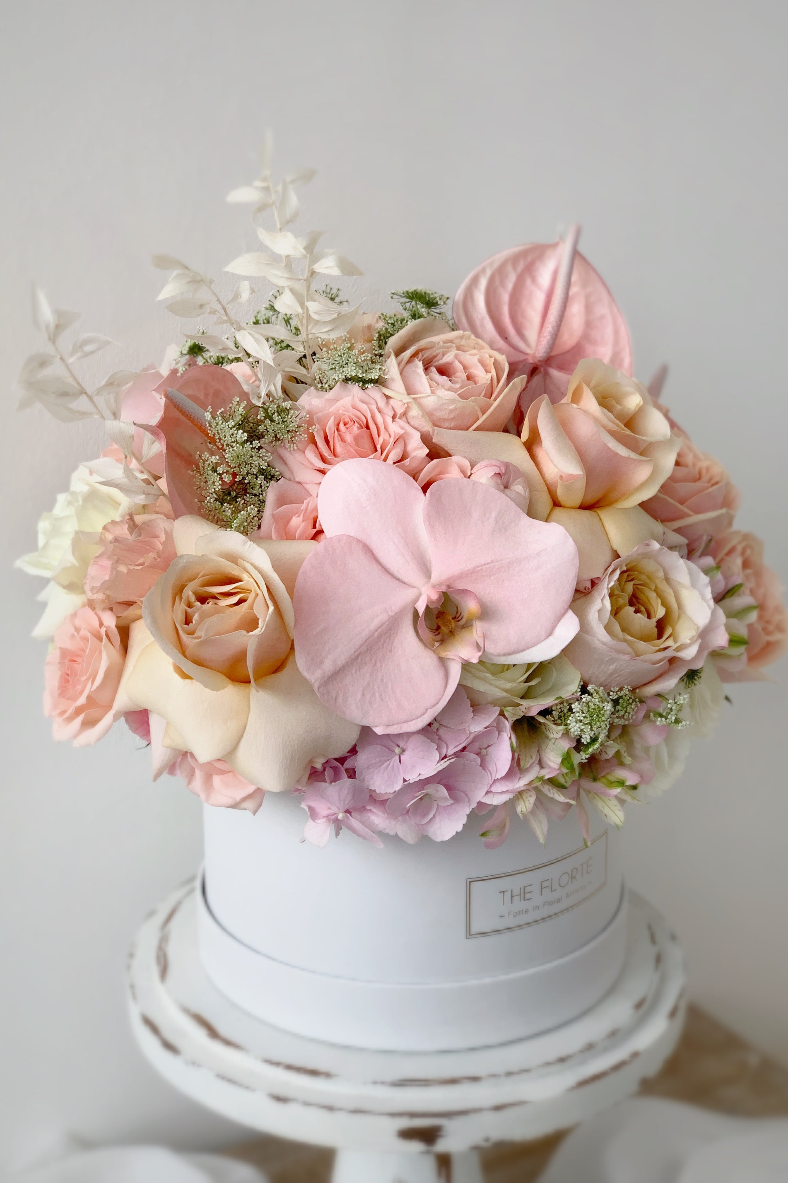 The Florté Florte | Blush Meadow, Bloom Box, Anthuriums, Phalaenopsis Orchids, Wabara, Mother of Pearl, Peeled back Roses, Blush Peach Pink Premium, Best Flowers Singapore, Best Florist Singapore, Best Online Florist