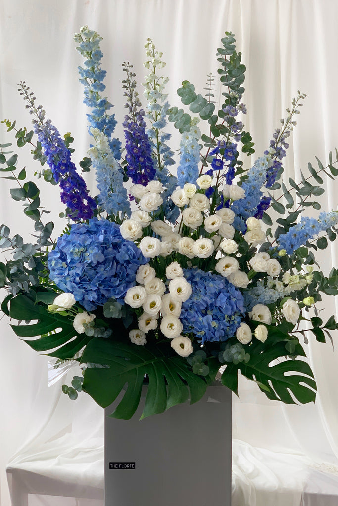 The Florté Florte | Blue Royalty, Congratulatory Stand, Blue Hydrangeas, White Roses, Purple Delphinium, Floral Arrangement, Best Florist Singapore, Best Flowers