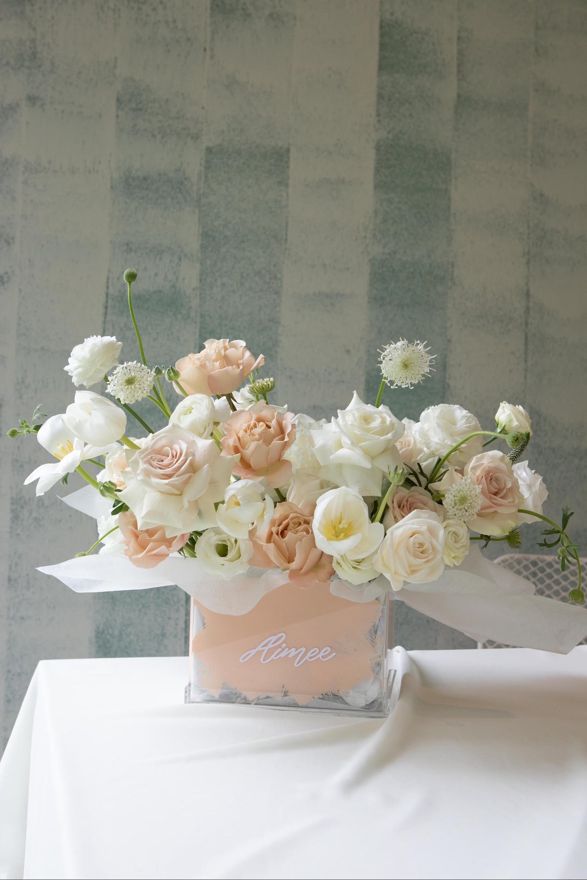 The Florté Florte | Stained Glasshouse, Acrylic Bloom Box, Beige Flowers, Pink Flowers, Roses, White Tulips, White Eustomas, White Ranunculus, Best Florist Singapore, Best Flowers Singapore, Best Online Florist