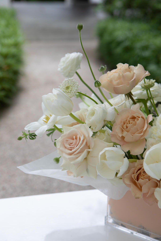 The Florté Florte | Stained Glasshouse, Acrylic Bloom Box, Beige Flowers, Pink Flowers, Roses, White Tulips, White Eustomas, White Ranunculus, Best Florist Singapore, Best Flowers Singapore, Best Online Florist