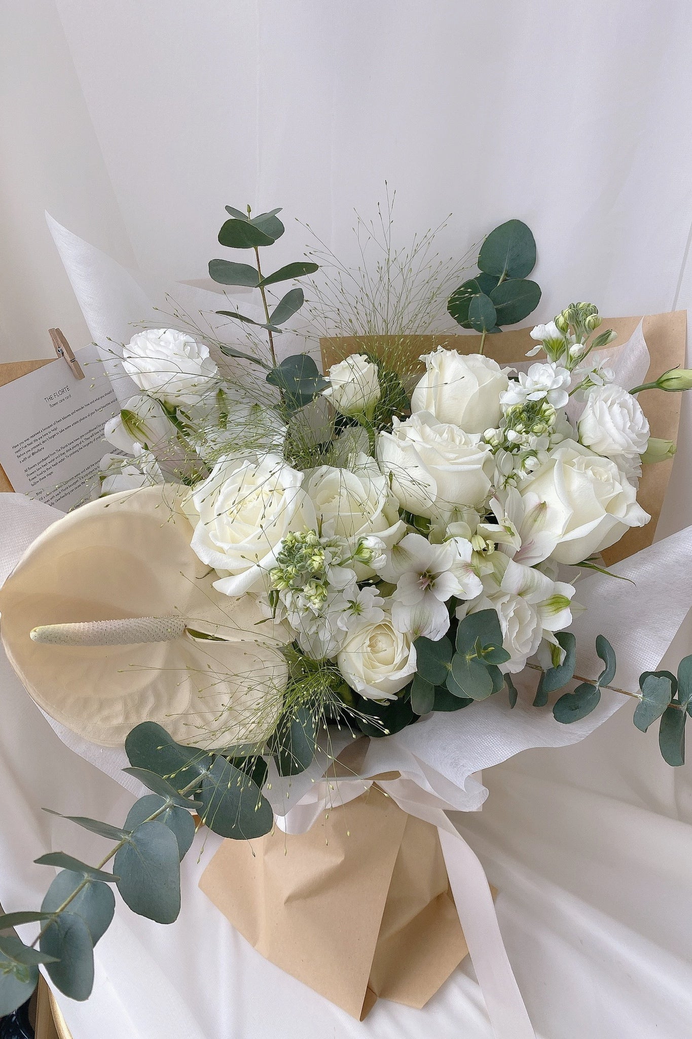 The Florté Florte | Fresh & White, Bouquet, White Roses, Eucalyptus Leaves, White Flowers, Tulips, Anthuriums, White Anthuriums, Best Flowers Singapore, Best Florist Singapore, Best Online Florist