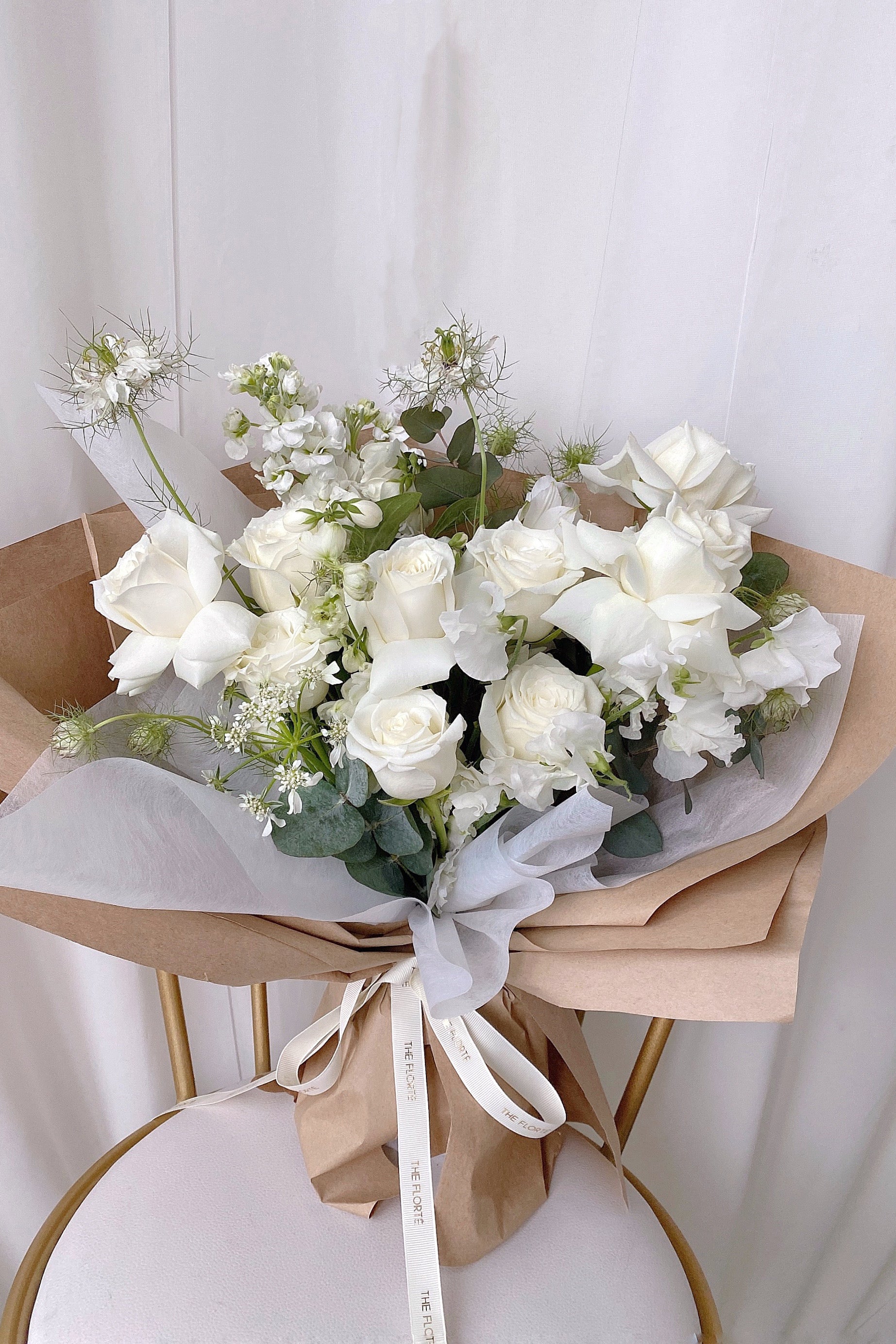 The Florté Florte | Fresh & White, Bouquet, White Roses, Eucalyptus Leaves, White Flowers, Tulips, Anthuriums, White Anthuriums, Best Flowers Singapore, Best Florist Singapore, Best Online Florist