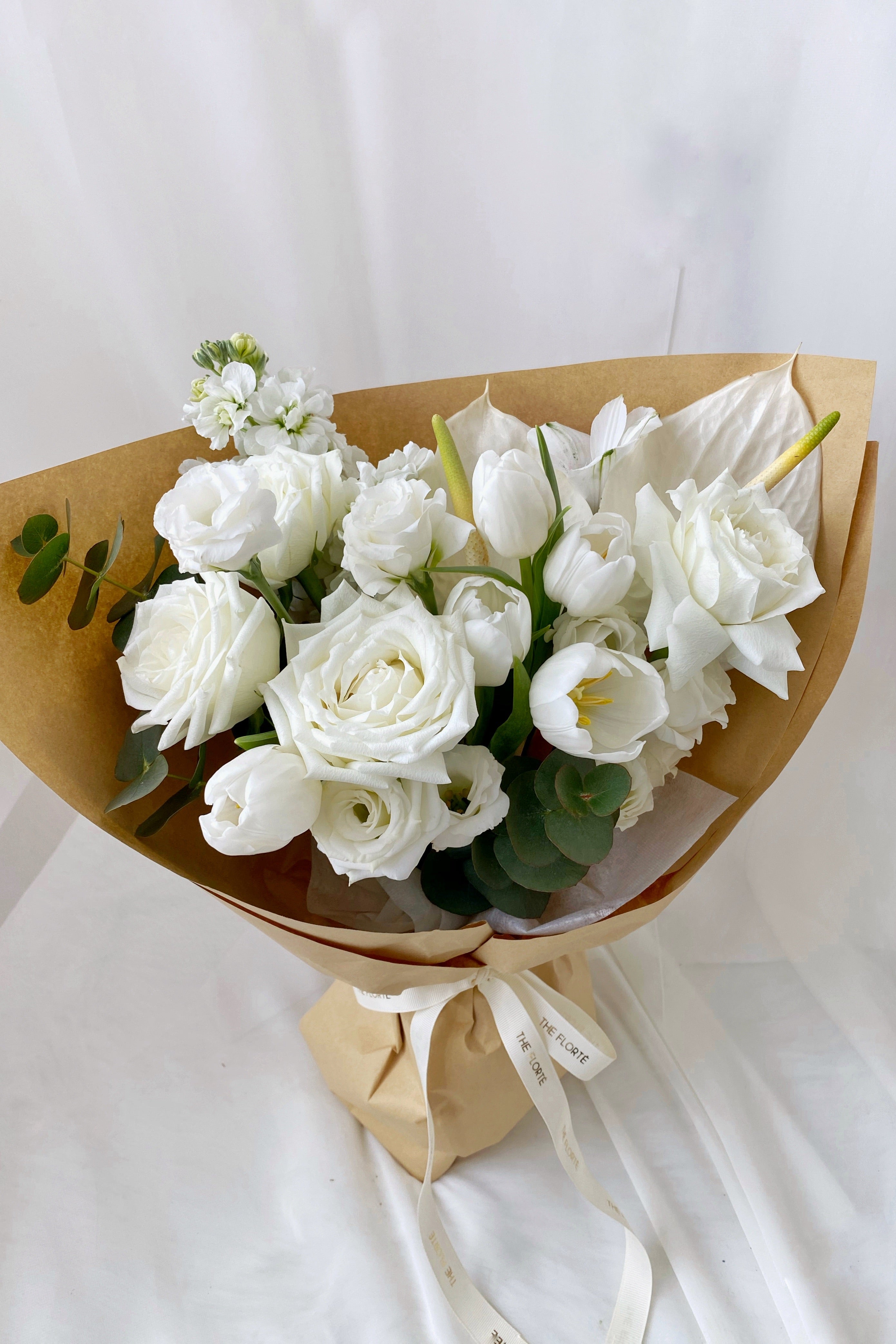 The Florté Florte | Fresh & White, Bouquet, White Roses, Eucalyptus Leaves, White Flowers, Tulips, Anthuriums, White Anthuriums, Best Flowers Singapore, Best Florist Singapore, Best Online Florist