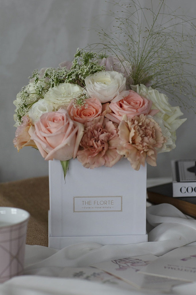 The Florté Florte | Ballerina, Bloom Box, Carnation, Roses, Hydrangea, Tulips, Blush Pink, Pastel Pink Blue White Yellow, Hot Pink, Pop of color, Petite Bloom Box Square