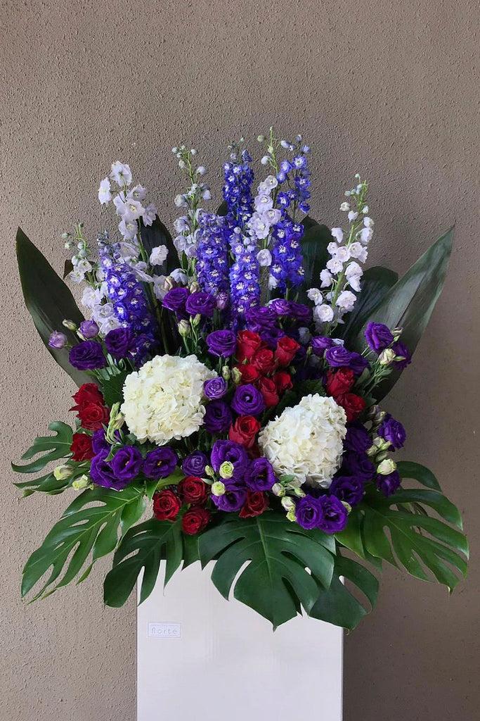 The Florté | Purple Pristine, Congratulatory Stand, Milestones, Grand Opening, Outstanding Entrance, Shop Opening Ceremony, Achievements, Prosperity, Prosperous, Auspicious, Fit for Royalty, Royal, Purple, Red, White, Lilac, Violet, Roses, Eustoma, Hydrangeas, Delphiniums
