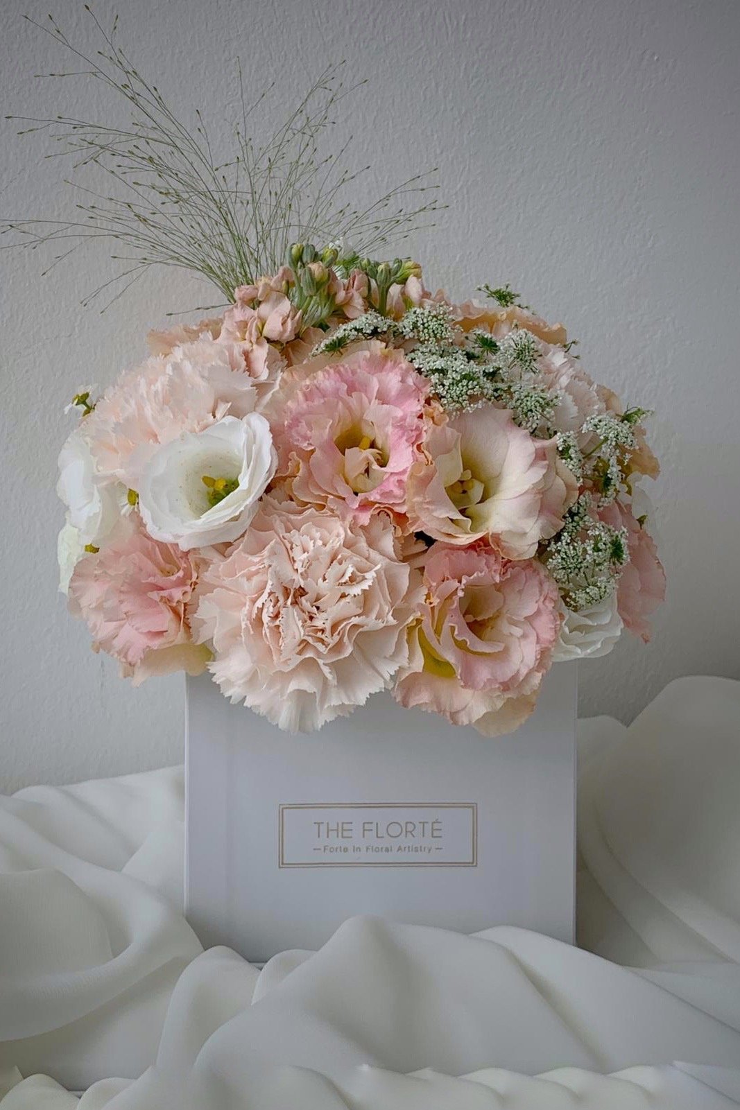 The Florté Florte | Ballerina, Bloom Box, Carnation, Roses, Hydrangea, Tulips, Blush Pink, Pastel Pink Blue White Yellow, Hot Pink, Pop of color, Petite Bloom Box Square