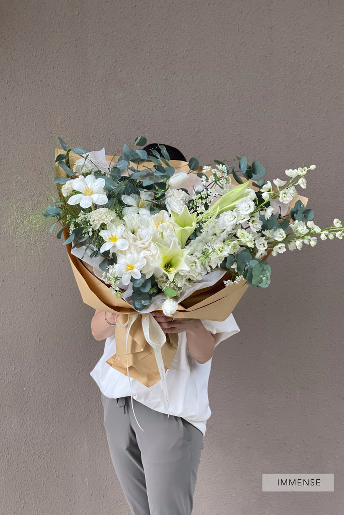 The Florté Florte | Fresh & White, Bouquet, White Roses, Eucalyptus Leaves, White Flowers, Tulips, Anthuriums, White Anthuriums, Best Flowers Singapore, Best Florist Singapore, Best Online Florist