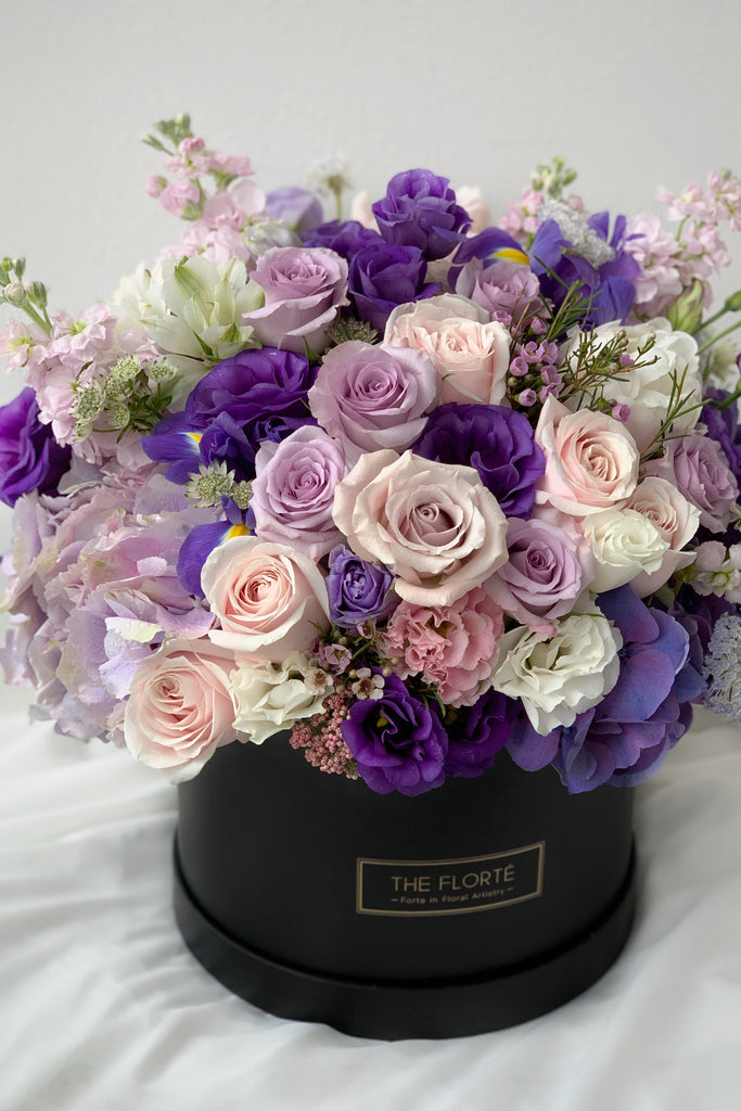 The Florté Florte | Cassis Bloom Box, Premium Large Grand Size, Purple Lilac Violet Lavender Plum Royal Playful, Roses Hydrangea Matthiola Eustoma Scabiosa, Best Flowers Singapore, Best Florist Singapore, Best Online Florist