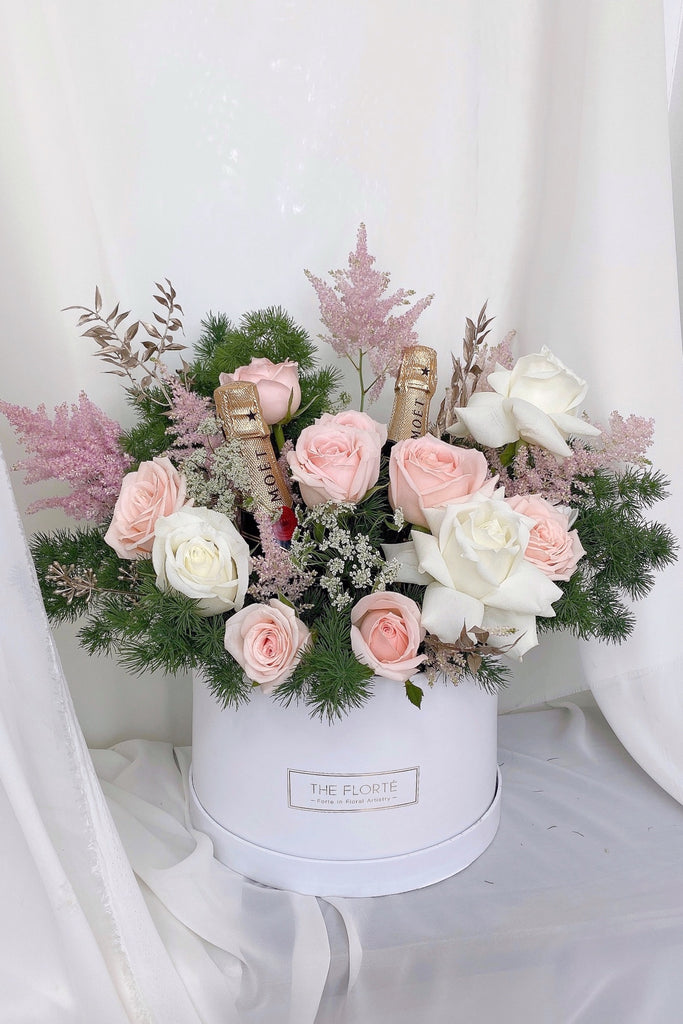 The Florté Florte | Celebration With Champagne, Bloom Box, Roses, Pink Roses, White Roses, Moet, Birthday Celebration Flowers, Best Flowers Singapore, Best Florist Singapore, Best Online Florist