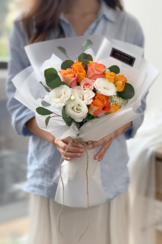 The Florté | Sunburst, Cheerful, Premium Kenya Ecuador Holland Roses, Eustoma, Queen Anne's Lace, Ammi Maju, Panicum, Orange, Graduation, Cheer up