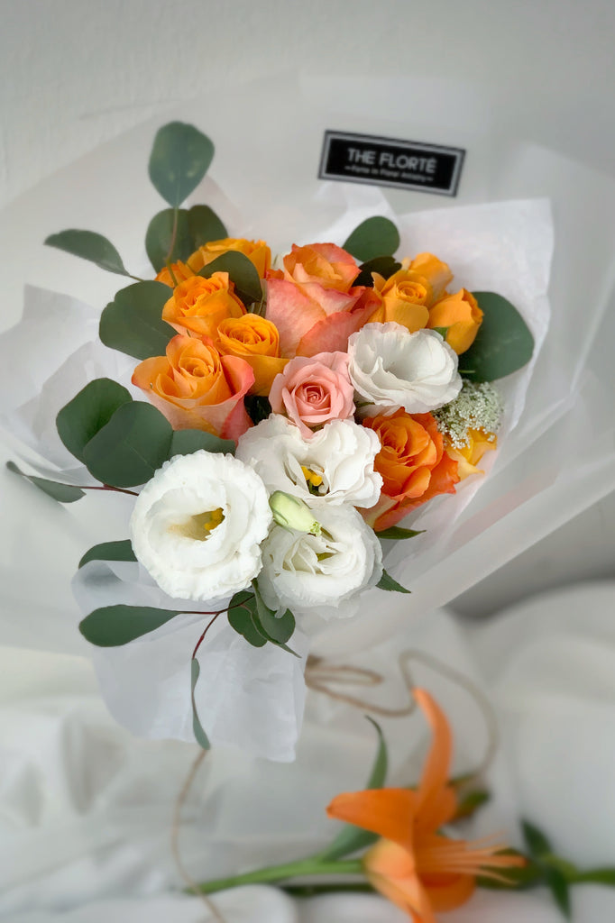 The Florté | Sunburst, Cheerful, Premium Kenya Ecuador Holland Roses, Eustoma, Queen Anne's Lace, Ammi Maju, Panicum, Orange, Graduation, Cheer up