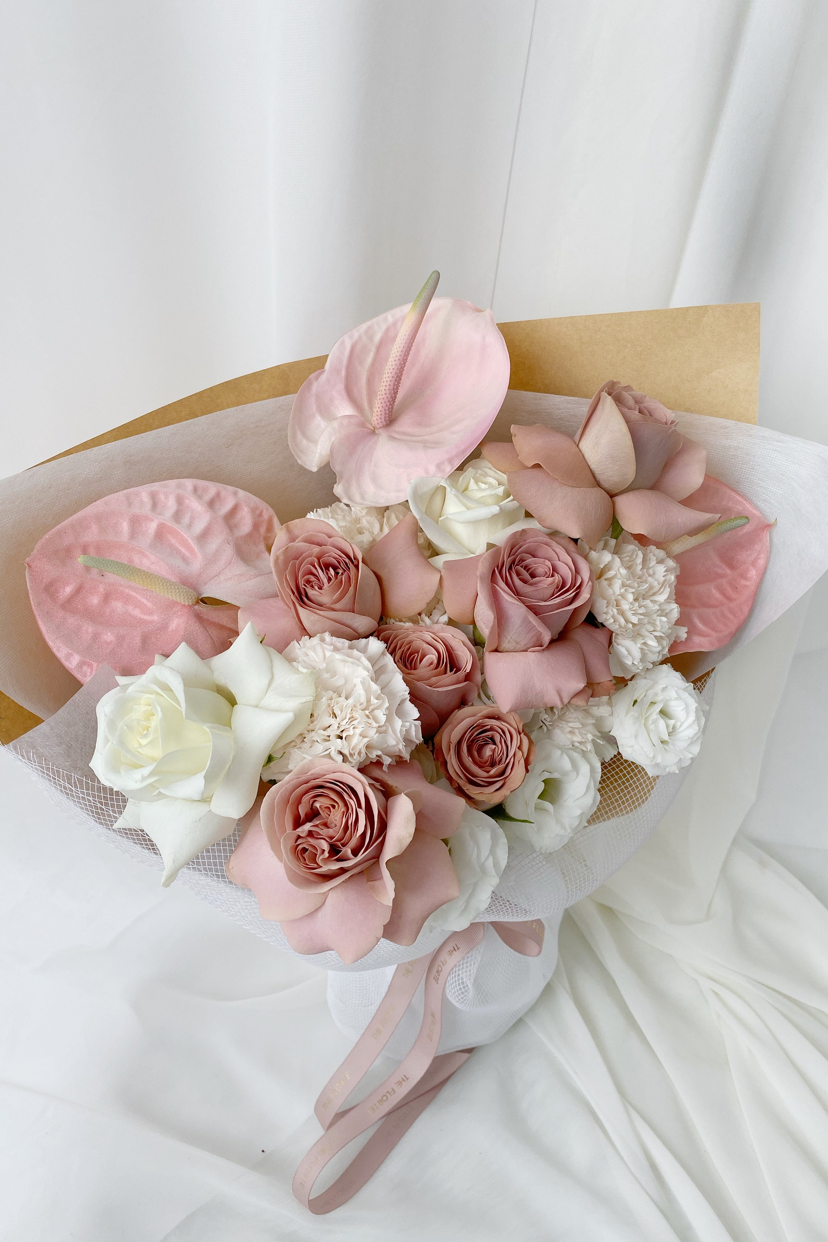 The Florté Florte | Cafe Creme Rosa, Bouquet, Blush Roses, Pink Anthuriums, White Roses, Best Flowers Singapore, Best Florist Singapore, Best Online Florist