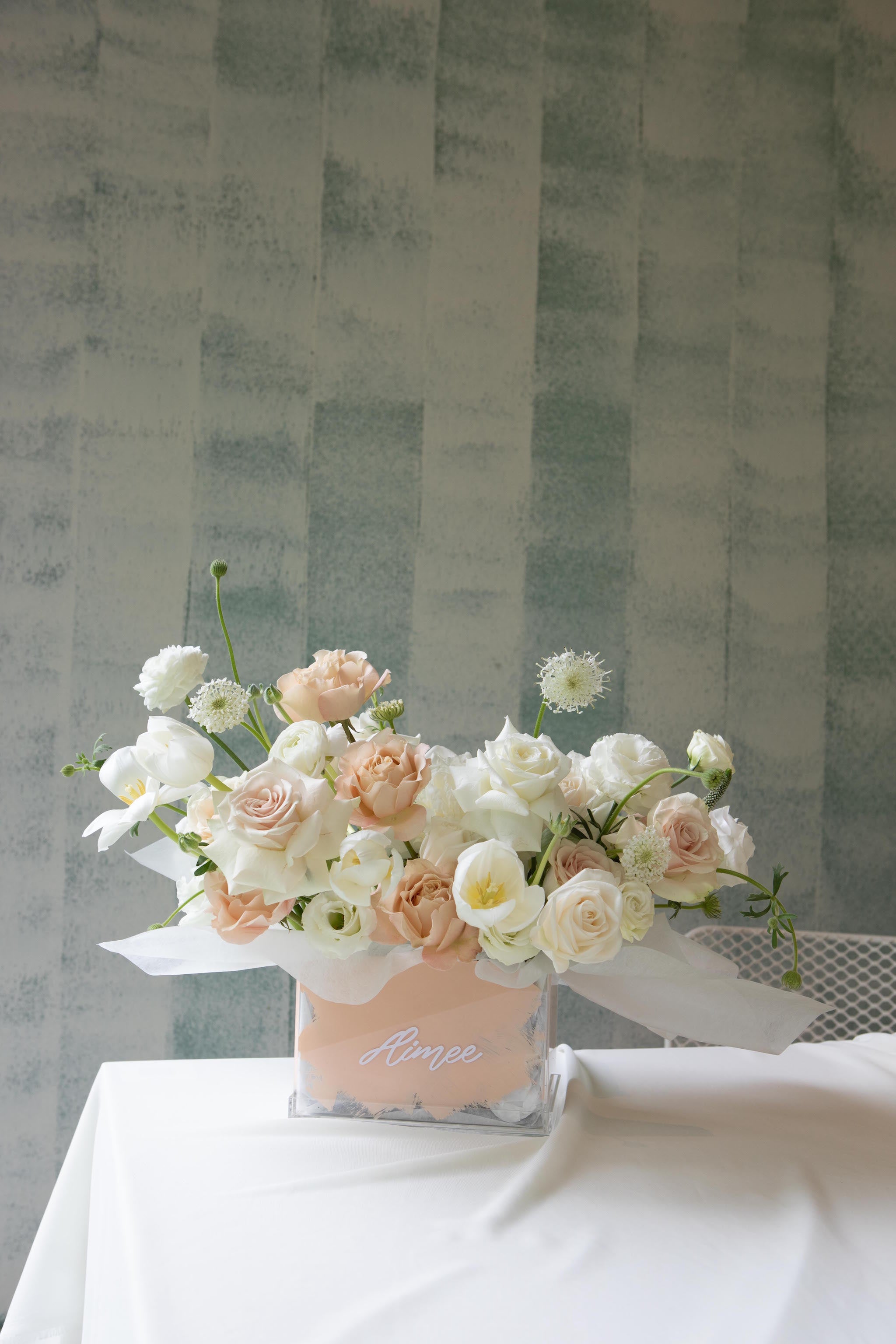 The Florté Florte | Stained Glasshouse, Acrylic Bloom Box, Beige Flowers, Pink Flowers, Roses, White Tulips, White Eustomas, White Ranunculus, Best Florist Singapore, Best Flowers Singapore, Best Online Florist