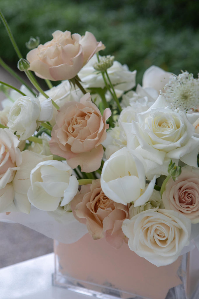 The Florté Florte | Stained Glasshouse, Acrylic Bloom Box, Beige Flowers, Pink Flowers, Roses, White Tulips, White Eustomas, White Ranunculus, Best Florist Singapore, Best Flowers Singapore, Best Online Florist