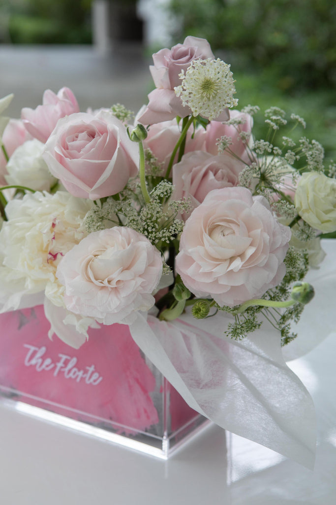 The Florté Florte | Stained Glasshouse, Acrylic Bloom Box, Pink Flowers, Roses, Pink Tulips, White Eustomas, Pink Ranunculus, Best Florist Singapore, Best Flowers Singapore, Best Online Florist