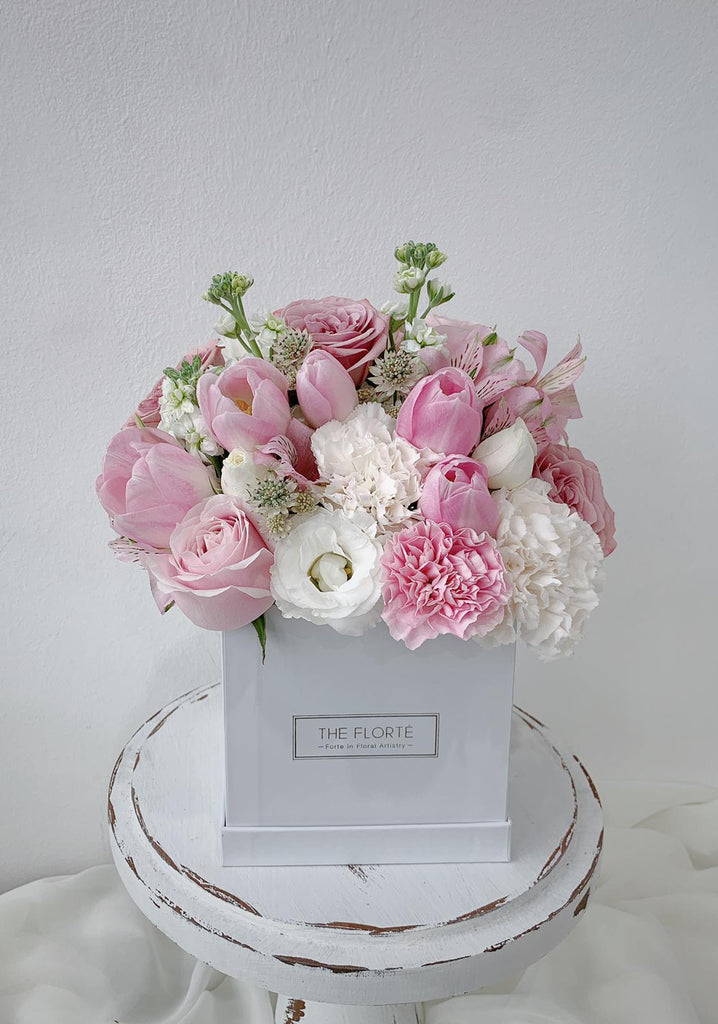 The Florté Florte | Ballerina, Bloom Box, Carnation, Roses, Hydrangea, Tulips, Blush Pink, Pastel Pink Blue White Yellow, Hot Pink, Pop of color, Petite Bloom Box Square