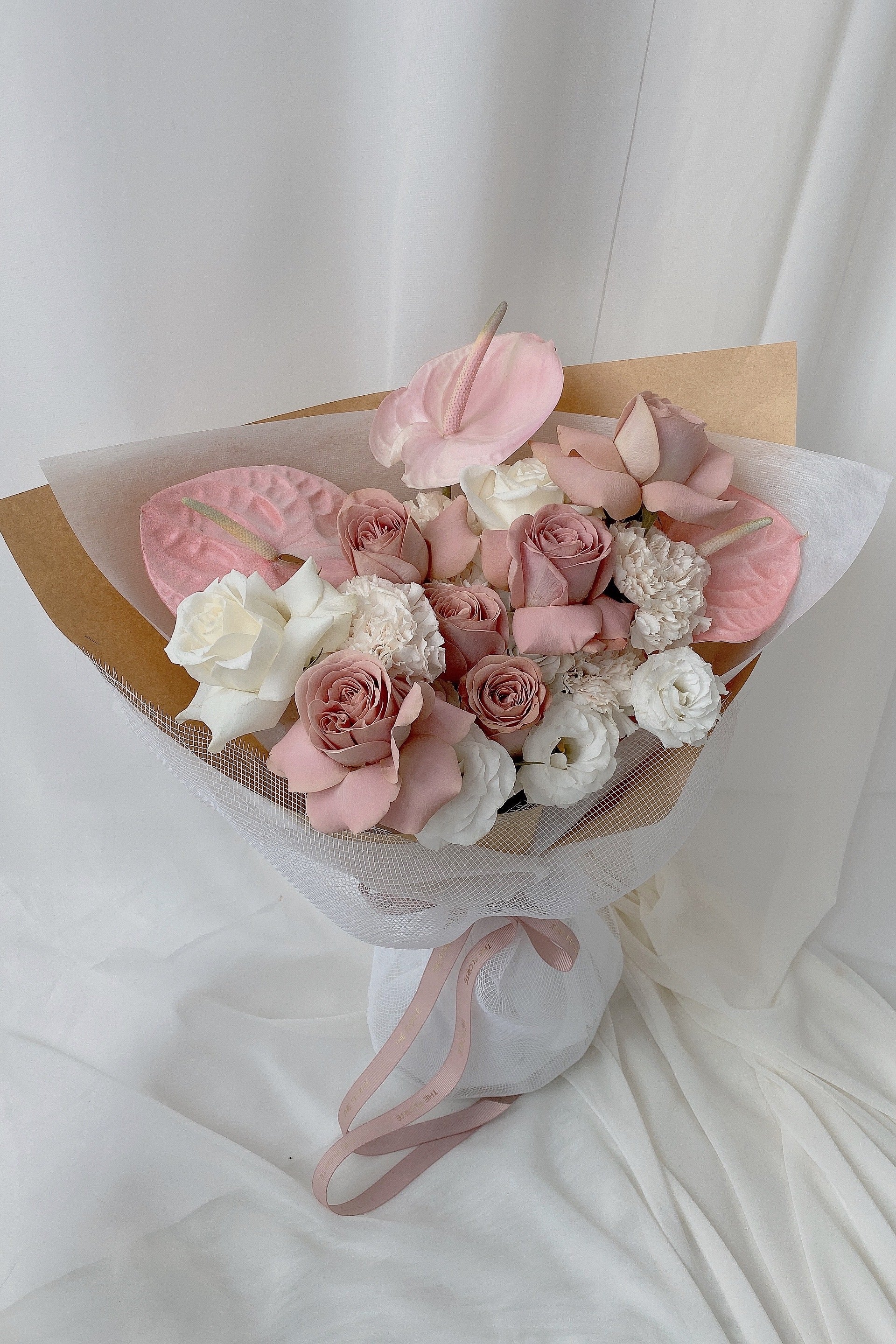 The Florté Florte | Cafe Creme Rosa, Bouquet, Blush Roses, Pink Anthuriums, White Roses, Best Flowers Singapore, Best Florist Singapore, Best Online Florist