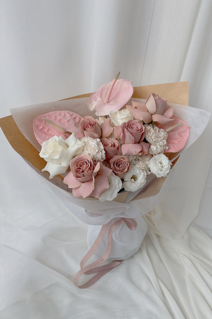 The Florté Florte | Cafe Creme Rosa, Bouquet, Blush Roses, Pink Anthuriums, White Roses, Best Flowers Singapore, Best Florist Singapore, Best Online Florist