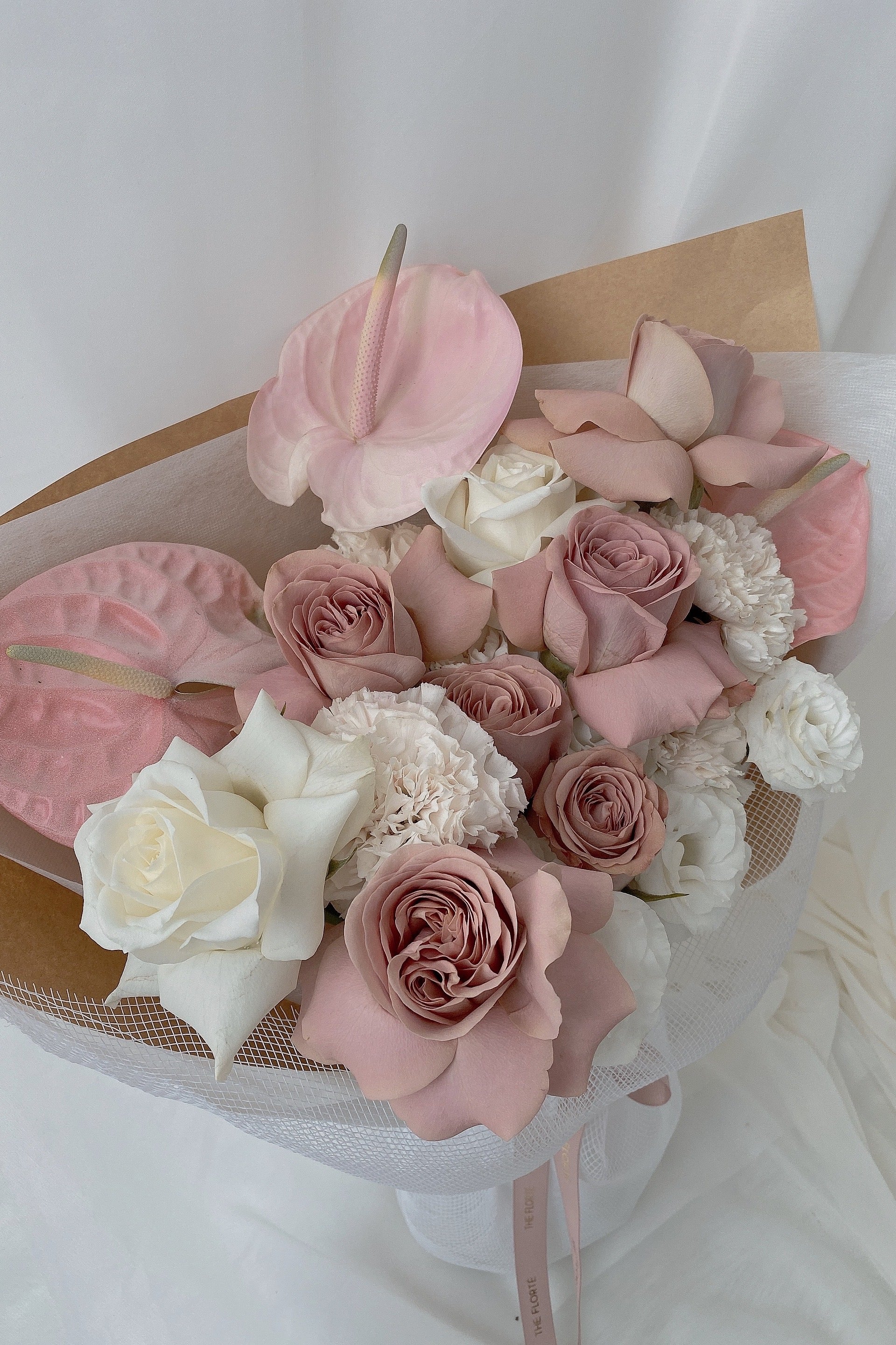 The Florté Florte | Cafe Creme Rosa, Bouquet, Blush Roses, Pink Anthuriums, White Roses, Best Flowers Singapore, Best Florist Singapore, Best Online Florist