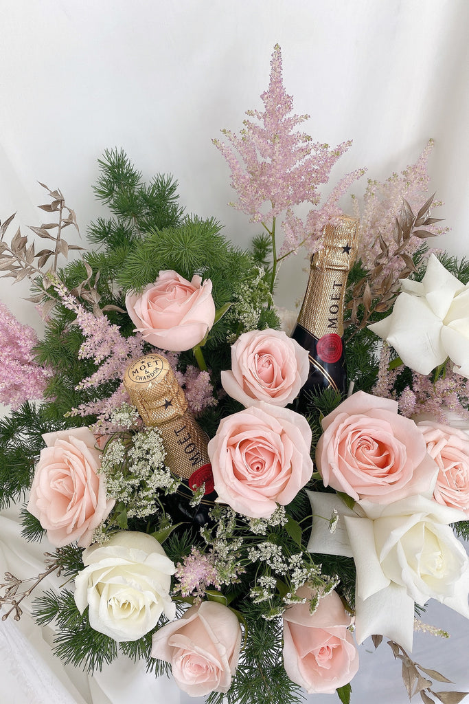 The Florté Florte | Celebration With Champagne, Bloom Box, Roses, Pink Roses, White Roses, Moet, Birthday Celebration Flowers, Best Flowers Singapore, Best Florist Singapore, Best Online Florist