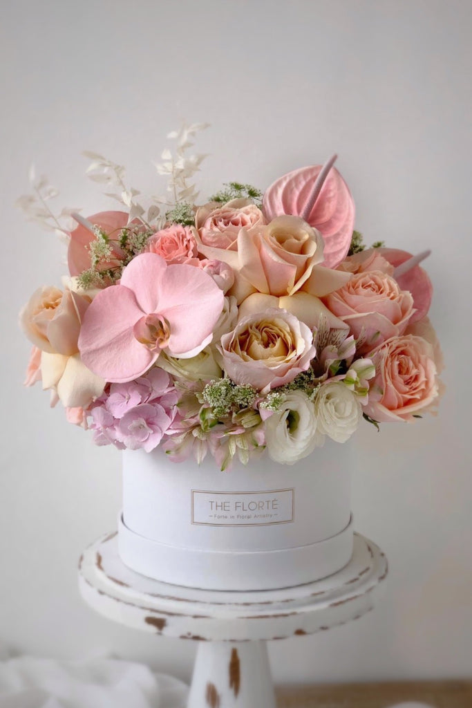 The Florté Florte | Blush Meadow, Bloom Box, Anthuriums, Phalaenopsis Orchids, Wabara, Mother of Pearl, Peeled back Roses, Blush Peach Pink Premium, Best Flowers Singapore, Best Florist Singapore, Best Online Florist