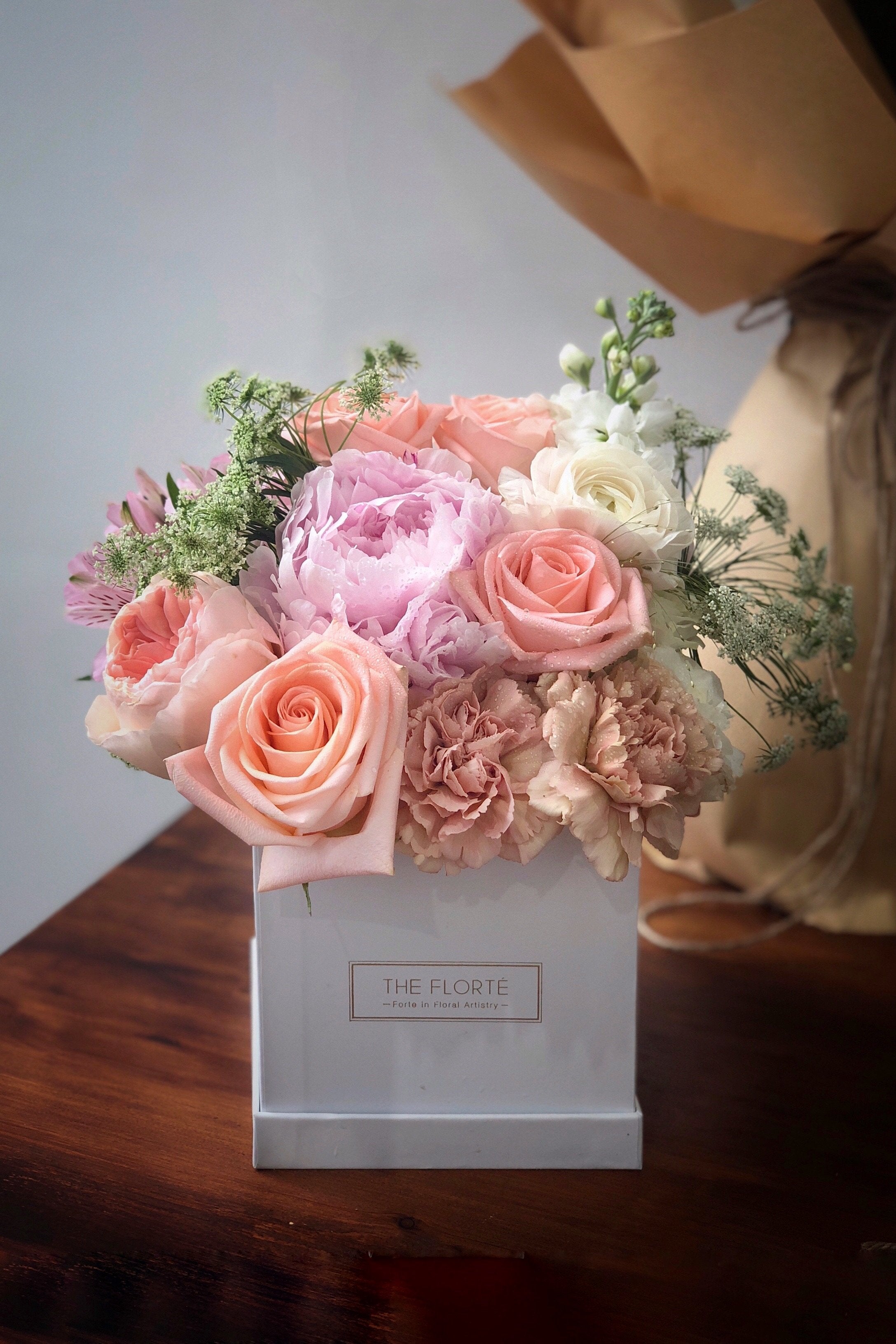 The Florté Florte | Ballerina, Bloom Box, Carnation, Roses, Hydrangea, Tulips, Blush Pink, Pastel Pink Blue White Yellow, Hot Pink, Pop of color, Petite Bloom Box Square