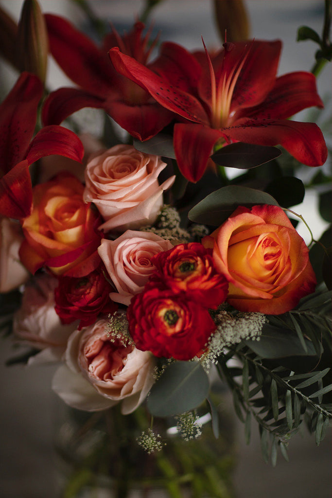 The Florté | Fragrant Lily, Table Vase, Orange Peach Roses, Olive, Bright, Vibrant, Premium Fresh Flowers