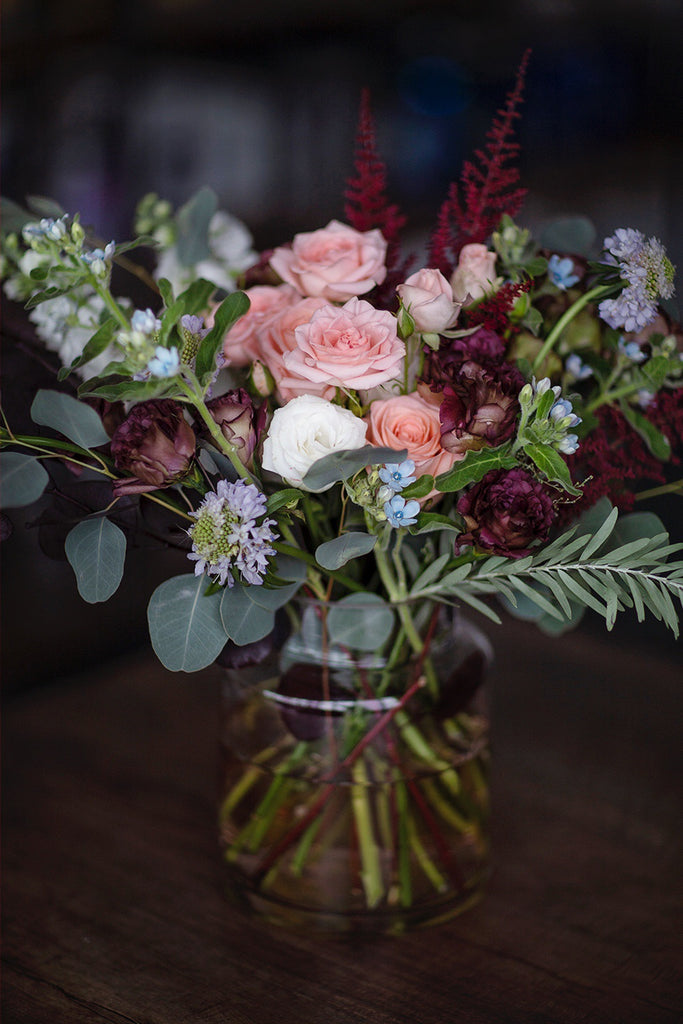 The Florté Florte | Autumn Garden, Contemporary Table Vase Arrangement, Home, Burgundy, Peach, Roses, Rustic Vintage Classic Renaissance Charm, French European Style