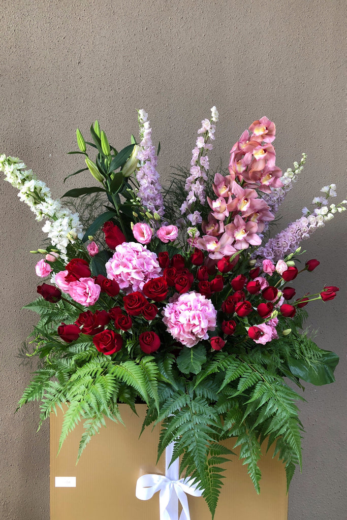 The Florté | Grand Heirloom, Congratulatory Stand, Purple, Lilac, Red, Pink, Orchid, Hydrangea, Roses, Delphinium, Milestones, Grand Opening, Outstanding Entrance, Shop Opening Ceremony, Achievements