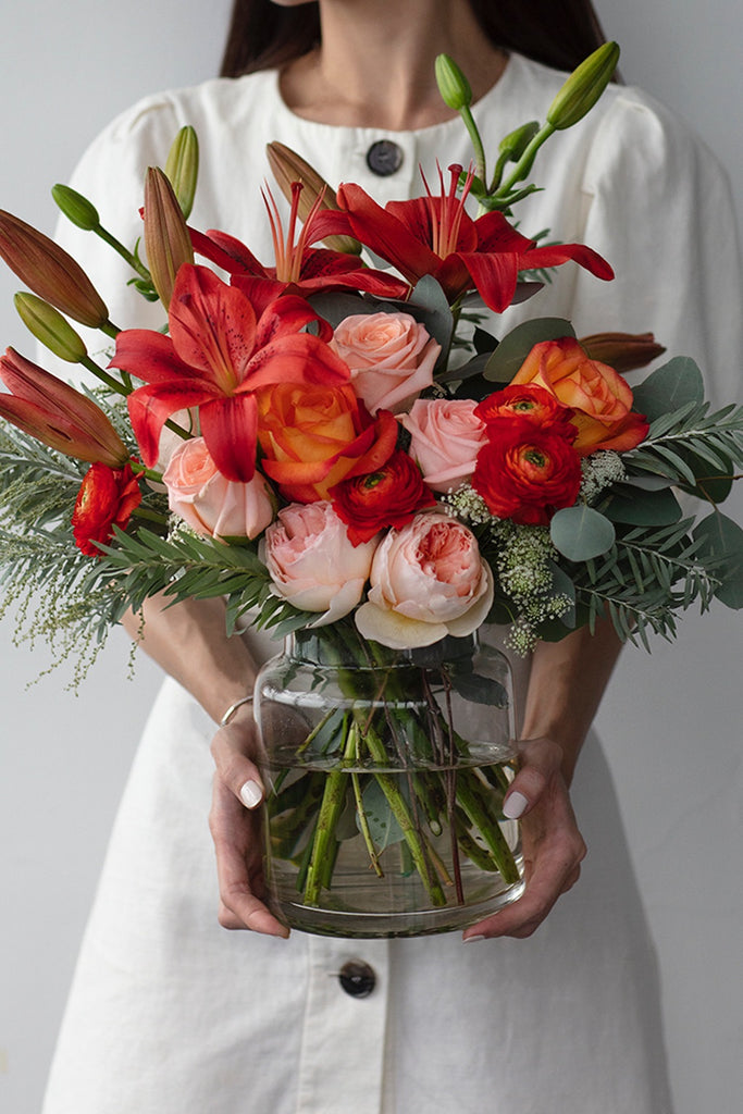 The Florté | Fragrant Lily, Table Vase, Orange Peach Roses, Olive, Bright, Vibrant, Premium Fresh Flowers