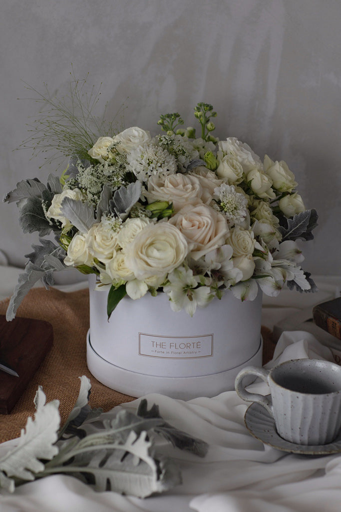 The Florté | Elegance Love, White Flowers Floral Arrangement, White and Green, Monotone, Elegant, Simple