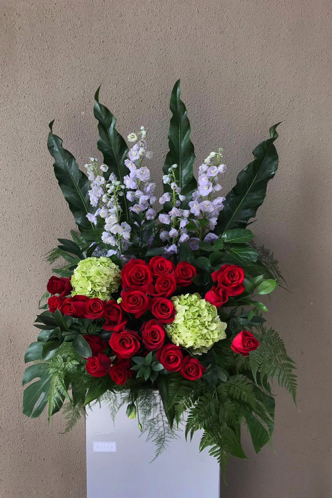 The Florté | Milestones, Congratulatory Stand, Green, Red, Lilac, Purple, Delphiniums, Roses, Hydrangeas, Grand Opening, Outstanding Entrance, Shop Opening Ceremony, Achievements